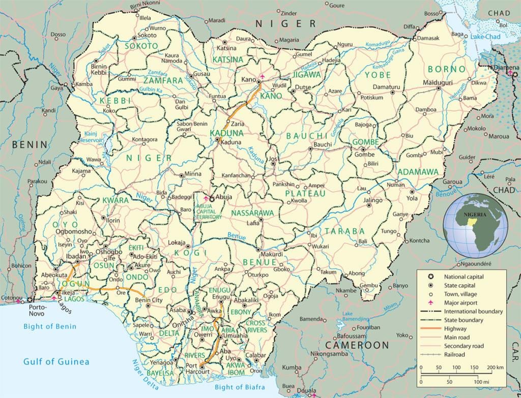 ramani ya nigeria kuonyesha majimbo na miji mikuu ya
