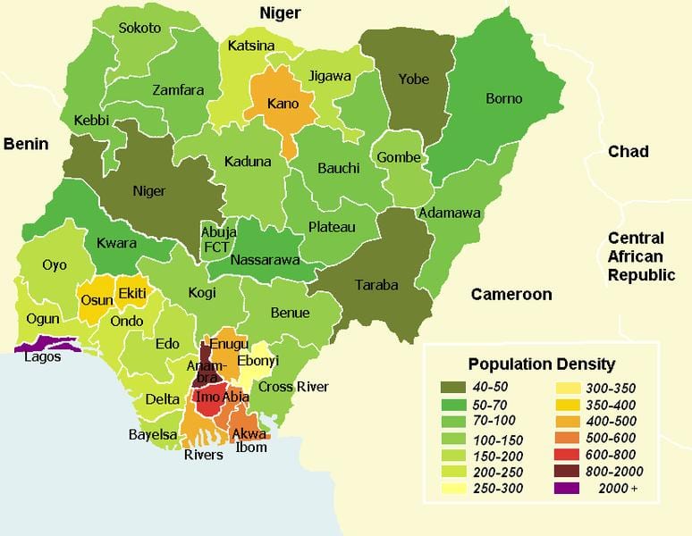 Ramani ya nigeria kuonyesha idadi ya watu usambazaji
