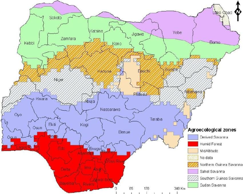 Ramani ya nigeria kuonyesha maeneo ya kiikolojia