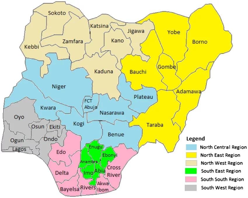 Ramani ya nigeria kuonyesha maeneo ya kijiografia na kisiasa
