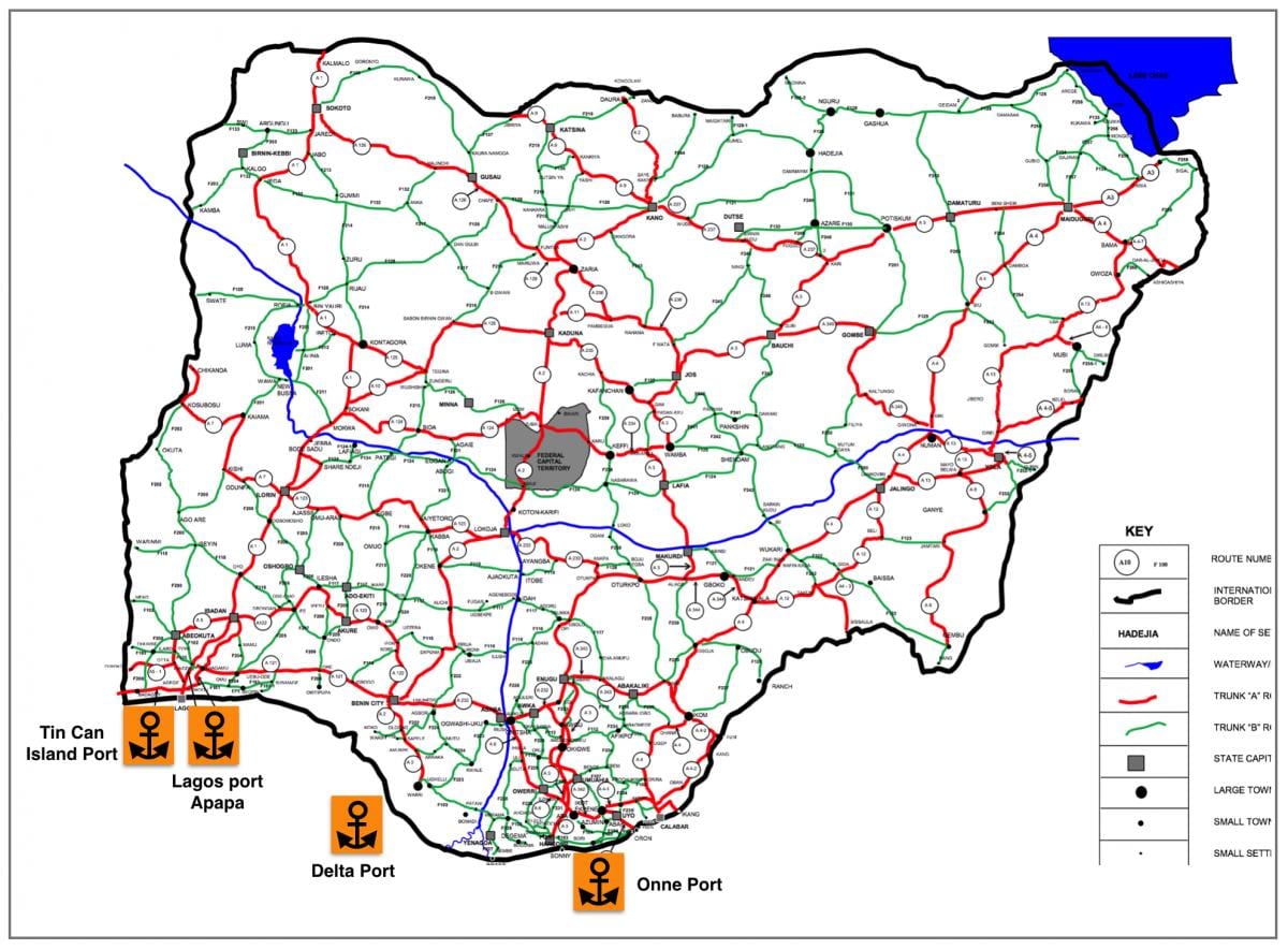 Ramani ya nigeria kuonyesha mtandao wa barabara