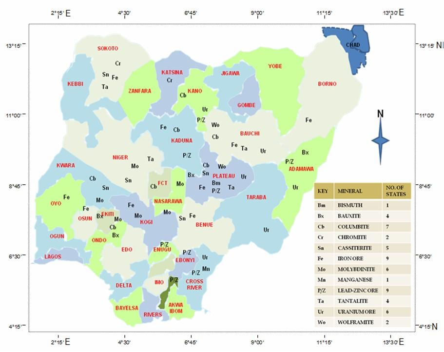 Ramani ya nigeria kuonyesha rasilimali za madini