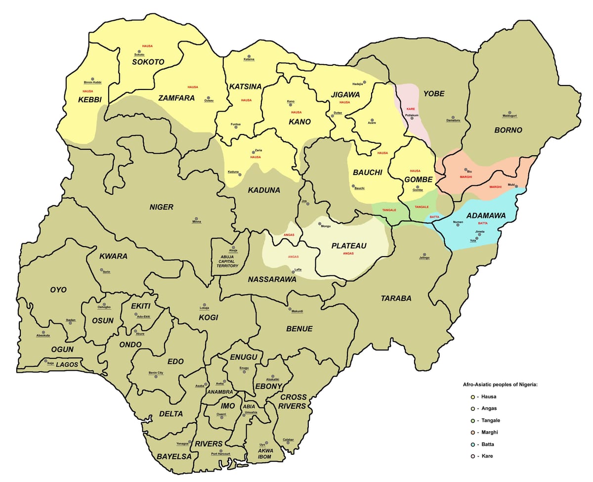 ramani ya nigeria kuonyesha majimbo 36 na miji mikuu ya