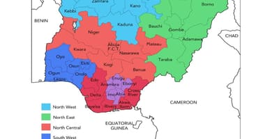 Ramani ya nigeria kuonyesha maeneo ya kijiografia na kisiasa